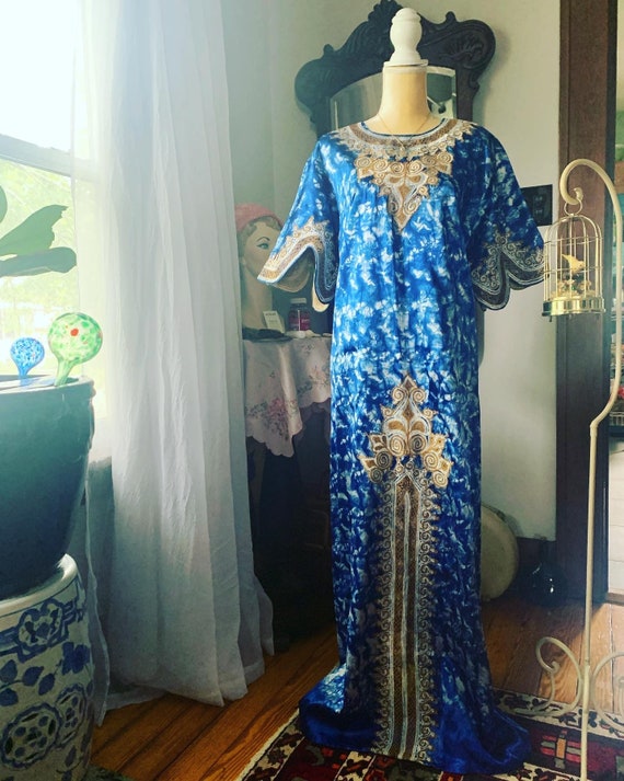 Vintage Blue Kaftan Dress, 70s Blue Kaftan Dress G