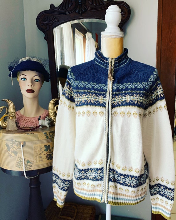 Vintage Fair Isle Cardigan Sweater, 90s Blue Green