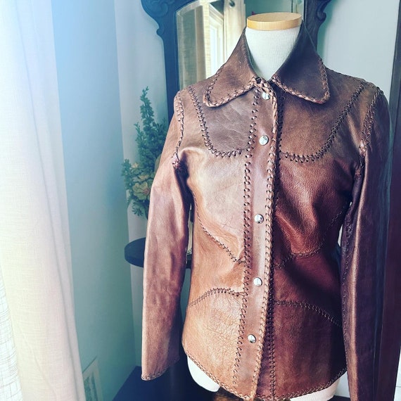 1970s Tan Patchwork Leather Jacket, 70s Brown Lea… - image 5