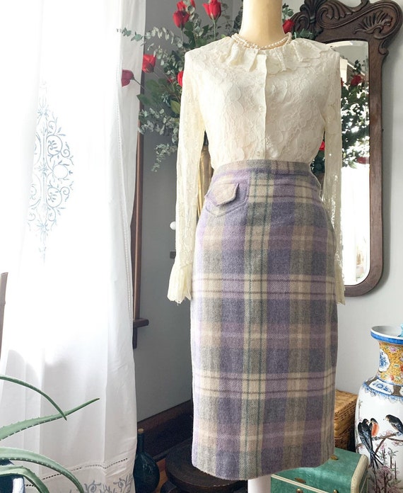 50s Plaid Wool Skirt, 50s Purple Plaid Skirt, Vint