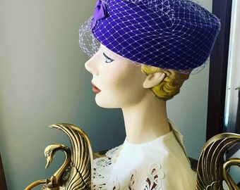 Vintage Purple Hat, 1960s Purple Wool Hat, Bow Hay, Netted Veil Hat, Vintage Royal Purple Hat With Bow And Netting Veil, Vintage Formal Hat