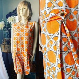 Vintage Orange Romper Shorts, 60s Orange Skorts, 60s Orange Lattice Print Dress, Size Large Romper, 60s Jumpsuit, Summer Dress image 1