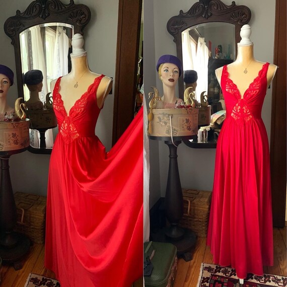 Vintage Red Olga Nightgown Full Sweep, Vintage 80s