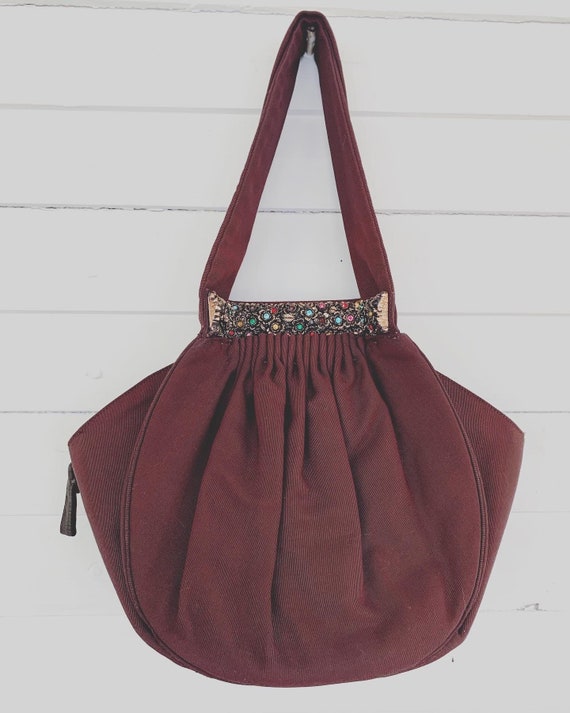 1940s Beaded Handbag, Brown Grosgrain Taffeta Pur… - image 1