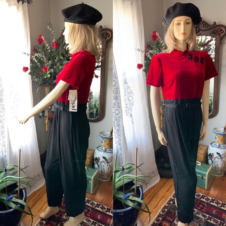 90s Red Velvet Jumpsuit, 90s Asian Inspired Romper, Vintage 40s Style Winter Pants, Size Medium Jumpsuit, Tet Pants, Black Pants, High Waist image 1