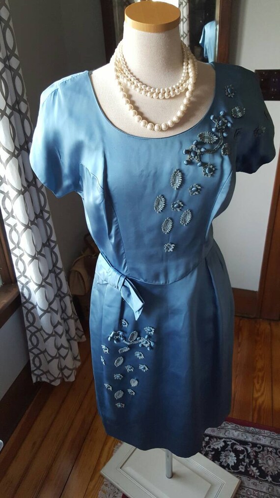 50s Periwinkle Blue Dress, 3D Flowers Dress, Vint… - image 2
