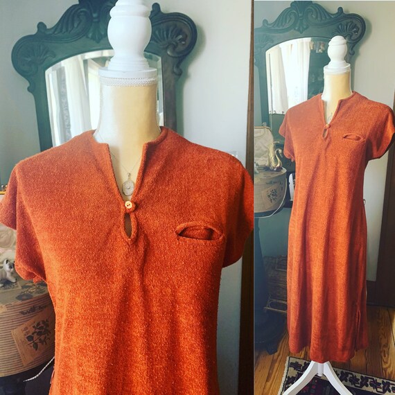 Vintage Burnt Orange Terry Cloth Nightgown, 70s Or