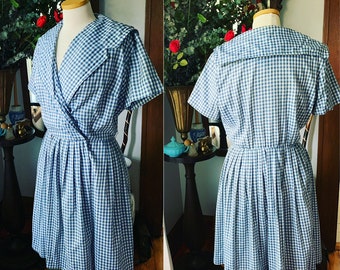 50er Jahre Blaues Vichykaro Kleid, Jane Victor Kleid, Vintage Blaues Vichykaro Kleid, Sommerkleid, Sailor Style Kleid, Baumwollkleid, Alltagskleid