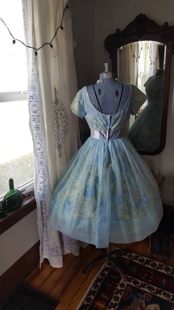 50s 50's 1950s Blue Chiffon Rose Print Dress Swee… - image 7