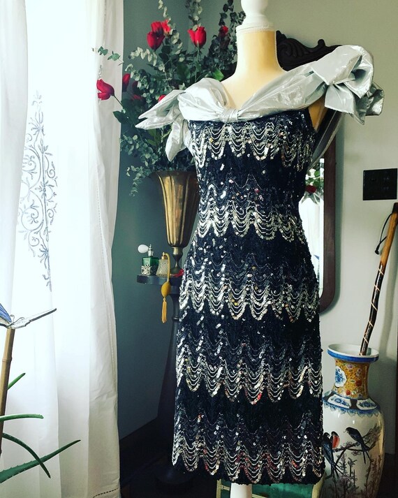 80s Sequined Dress, Vintage Sequin Dress, Silver … - image 1