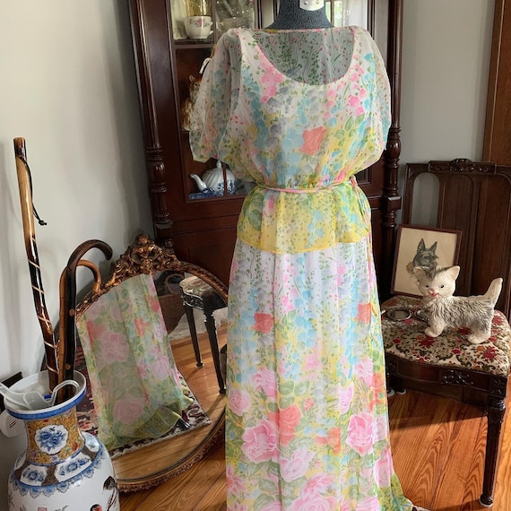 70s Boho Floral Chiffon Dress, Vintage Floral Max… - image 2