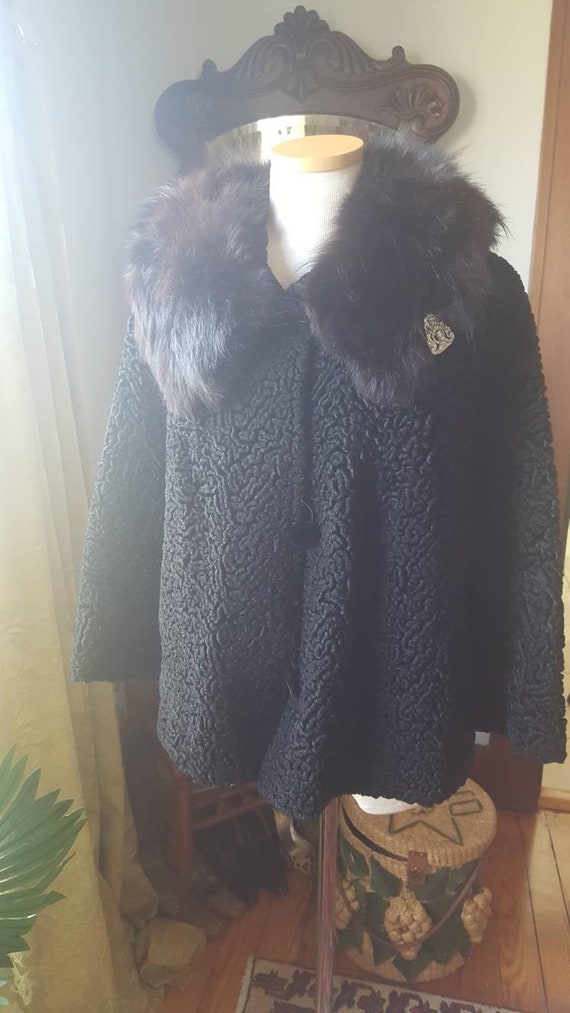 50s Volup Size Persian Lambs Wool Black Fox Fur C… - image 5