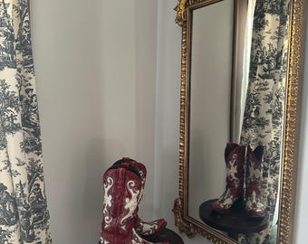 Vintage Red Leather Cowboy Boots, Womans JB Dillon Leather Boots, Western Boots, Ladies Red Cowgirl Boots, Vintage Flame Scroll Cowboy Boots