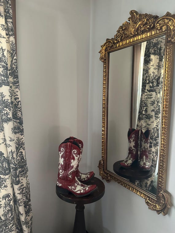 Vintage Red Leather Cowboy Boots, Womans JB Dillon Leather Boots, Western Boots, Ladies Red Cowgirl Boots, Vintage Flame Scroll Cowboy Boots
