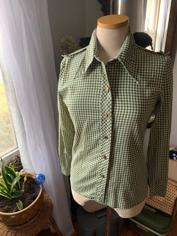 1970s Green Blouse, 70s Green Plaid Shirt, 70s Gr… - image 8