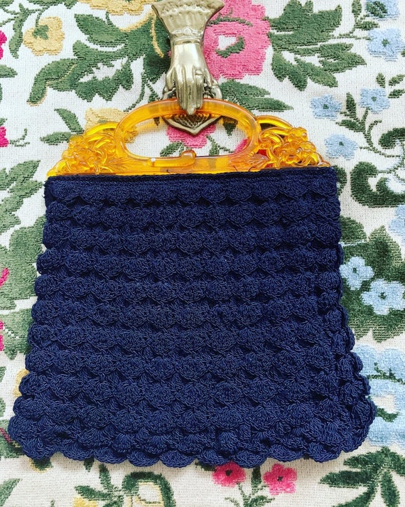 40s Blue Lucite Handle Purse, 40s Crochet Handbag,