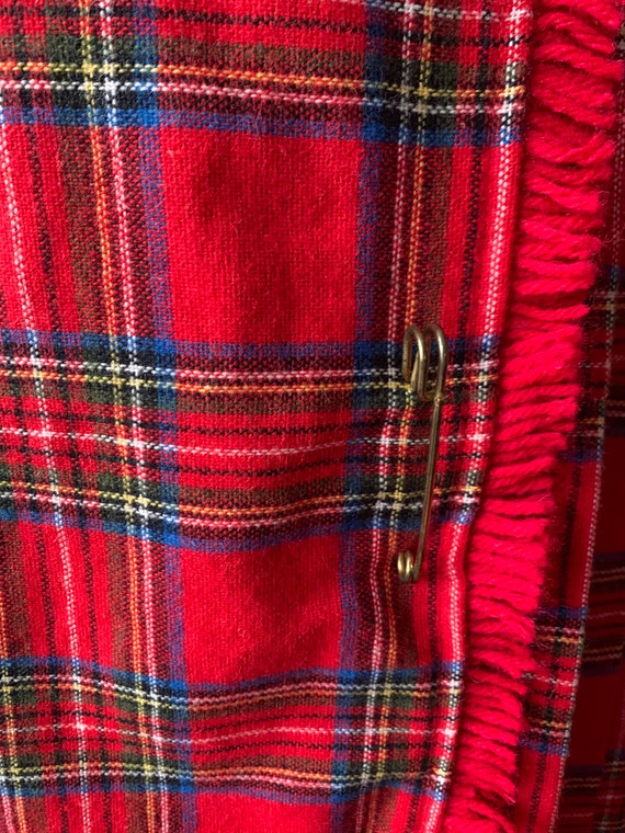 Vintage Red Wool Plaid Skirt, Fringe Trim Red Pla… - image 10