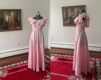 Cottagecore Pink Dress, Boho Pink Formal Dress, Size XS Formal Dress, Pink Satin Dress, Ruffled Off Shoulder Dress, Vintage Cottage Dress