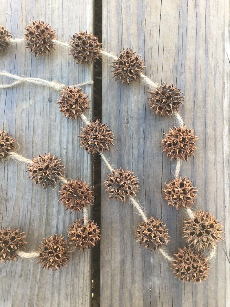 May include: A garland made of brown, dried seed pods strung together with twine. The garland is hanging on a wooden surface.