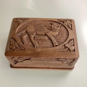 Wooden Carved Curio Box Magic Secret Lock Box with Camel Art from Abu Dhabi : Small Trunk | Jewelry Box | UAE Souvenir Carved Box