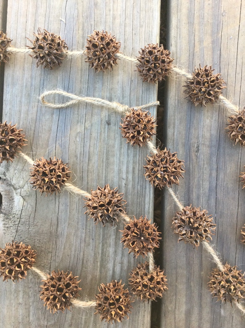 May include: A garland made of brown, dried, spiky seed pods strung together with twine. The garland is hanging on a wooden surface.