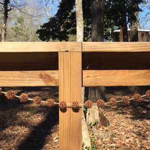 May include: A brown wooden fence with a garland of dried seed pods hanging from it. The garland is made of natural materials and is a rustic and charming decoration.