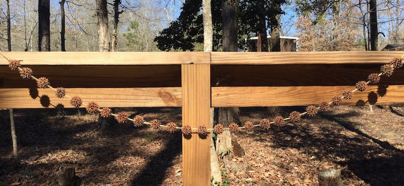 May include: A brown wooden fence with a garland of dried seed pods hanging from it. The garland is made of natural materials and is a rustic and charming decoration.
