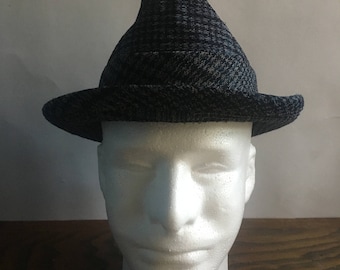 Sombrero fedora vintage de cuadros de los años 70, pata de gallo gris y azul
