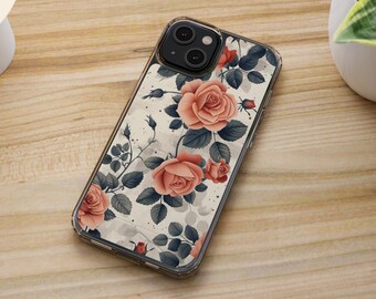 Retro Rose Telefoon TPU Case, Flower Phone Cover, Bloemen iPhone Case, Samsung Galaxy Case, Vintage Roses Botanische Telefoon Case iPhone 15 14 13