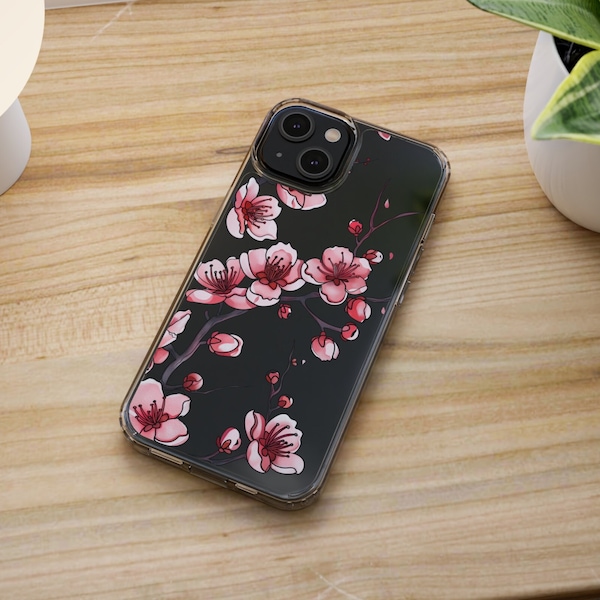 Transparent Cherry Blossom iPhone TPU Case, Flower Phone Cover, Pink iPhone Case, Samsung Galaxy Case, Botanical Phone Case iPhone 15 14 13