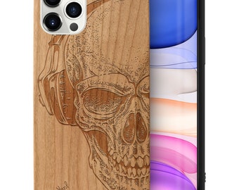 iPhone Wood Case  12 11 Pro Max Xsmax Xs Xr X 10 8 Plus Wood Case, Samsung S20 Ultra S10 Plus Edge S9 S8 Protective Cover, Headphone Skull