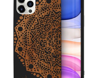 iPhone Wood Case, Half Mandala iPhone 15 14 13 12 11 Pro Max Plus Case, iPhone X XR XS SE Wood Case, Premium Protective iPhone Wood Casing
