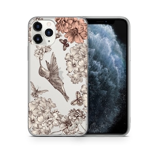 May include: A clear phone case with a floral design featuring a hummingbird, butterflies, and flowers in shades of brown, pink, and white. The case has the text "CaseYard" printed on the bottom.