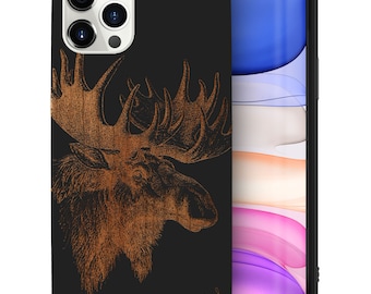iPhone Wood Case, Moose Design iPhone 16 15 14 13 12 11 Pro Max Plus Black Wooden Case, Engraved Moose Cherry Wood iPhone X XR XS SE Casing