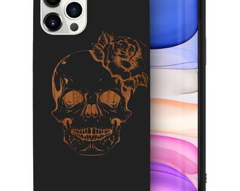 iPhone Wood Case, Flower Skull iPhone 15 14 13 12 11 Pro Max Plus Case, iPhone X XR XS SE Wood Case, Premium Protective iPhone Wood Casing