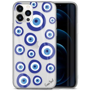 May include: A clear phone case with a pattern of blue and white evil eyes. The case is designed for an iPhone 12 Pro Max and has the text "Case Yard" printed on the bottom.
