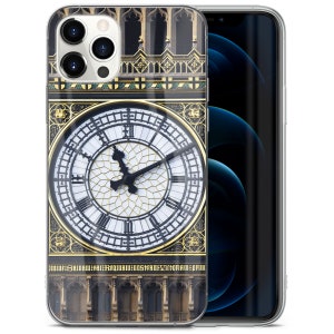 May include: A clear phone case with a picture of Big Ben, the famous clock tower in London, England. The clock face is visible with Roman numerals and black hands.