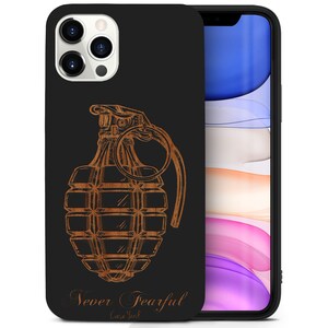 May include: A black phone case with a wooden design of a grenade and the text "Never Fearful Case Yard".