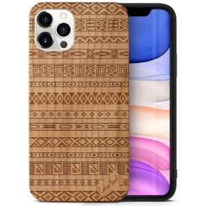 iPhone Wood Case, Aztec Pattern iPhone 16 15 14 13 12 11 Pro Max Plus Black Wooden Case, Engraved Aztecs Cherry Wood iPhone X XR SE Casing