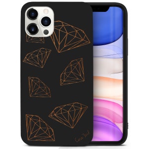Capa de madeira para iPhone, padrão de diamante iPhone 16 15 14 13 12 11 Pro Max Plus Capa de madeira preta, padrões gravados Capa de madeira de cerejeira para iPhone X XR SE