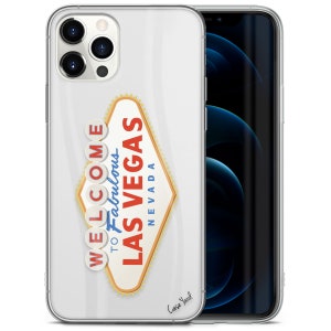 May include: A clear phone case with a white background and a graphic of the iconic "Welcome to Fabulous Las Vegas, Nevada" sign. The sign is in a diamond shape with red, blue, and yellow text.