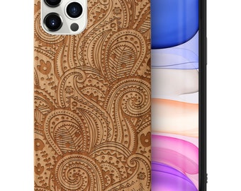 iPhone Wood Case, Paisley Pattern iPhone 16 15 14 13 12 11 Pro Max Plus Black Wooden Case, Engraved Pattern Cherry Wood iPhone X XR SE Case
