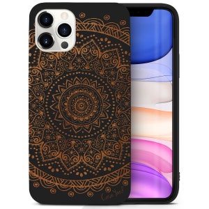 iPhone Wood Case, Mandala Design iPhone 16 15 14 13 12 11 Pro Max Plus Black Wooden Case, Engraved Flowery Cherry Wood iPhone X XR SE Case