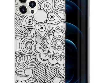 iPhone duidelijk hoesje, Henna Mehndi iPhone 15 14 13 12 11 Plus Pro Max Mini TPU Case, Samsung Galaxy S20 S21 S22 Ultra Case, Premium iPhone Case