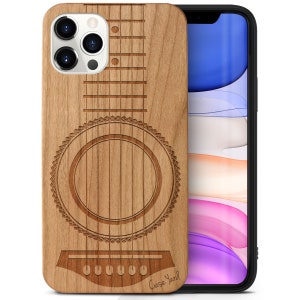 iPhone Wood Case, Guitar String iPhone 16 15 14 13 12 11 Pro Max Plus Black Wooden Case, Engraved Guitars Cherry Wood iPhone X XR SE Casing