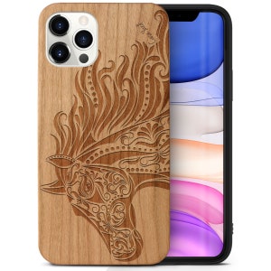 iPhone Wood Case, Horse Head iPhone 16 15 14 13 12 11 Pro Max Plus Black Wooden Case, Engraved Mandala Cherry Wood iPhone X XR XS SE Casing