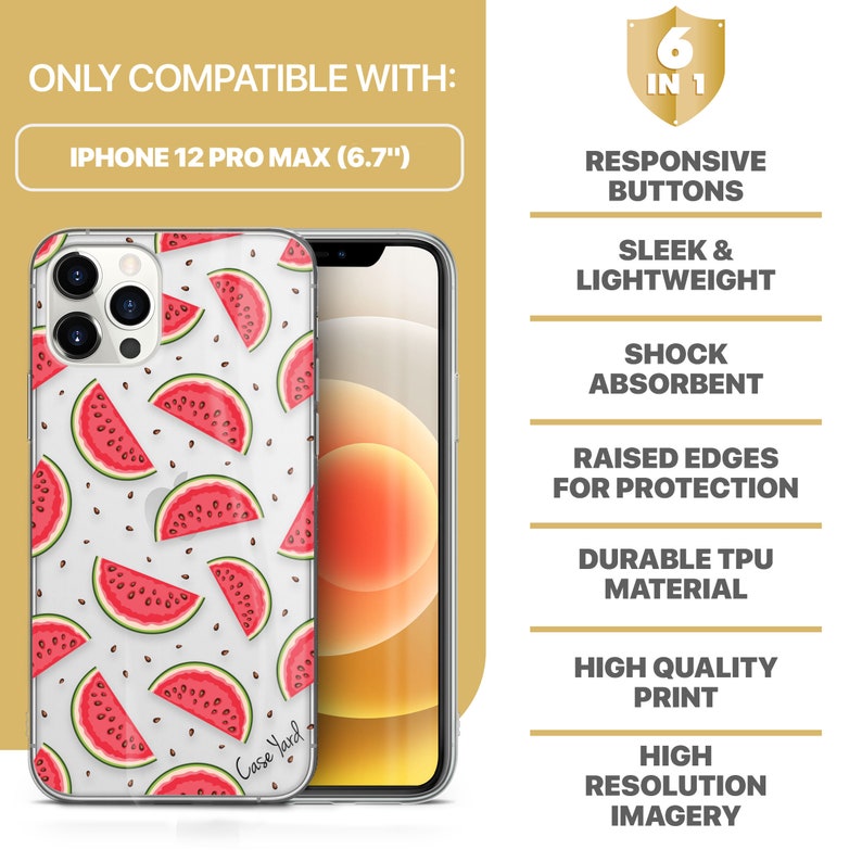Pu&ograve; includere: Una custodia per telefono trasparente con stampa a tema anguria per iPhone 12 Pro Max. La custodia ha un bordo rialzato per la protezione ed &egrave; realizzata in materiale TPU resistente. La custodia &egrave; compatibile con telefoni da 6,7 pollici.