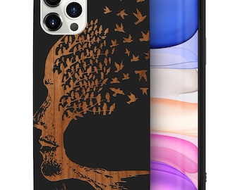 iPhone Wood Case, Double Exposure iPhone 16 15 14 13 12 11 Pro Max Plus Black Wooden Case, Woman Face Tree Cherry Wood iPhone X XR SE Case