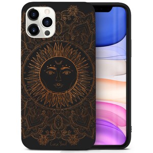 iPhone Wood Case, Sun Mandala iPhone 15 14 13 12 11 Pro Max Plus Case, iPhone X XR XS 8 SE Wood Case, Premium Protective iPhone Wood Casing