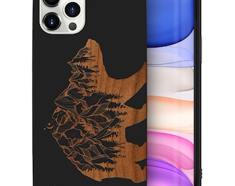 iPhone Wood Case, Forest Bear Design 15 14 13 12 11 Pro Max Plus Case, iPhone X XR XS SE Wood Case, Premium Protective iPhone Wood Casing
